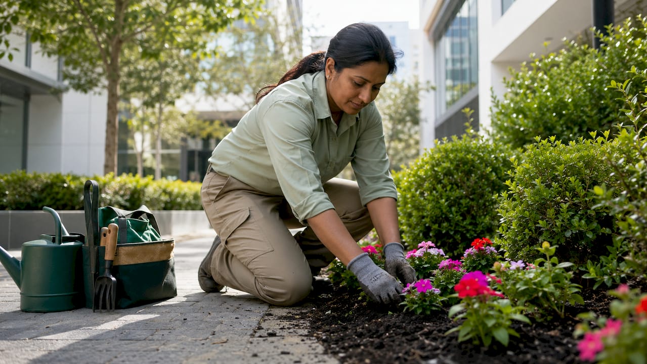 Landscaper planting beds at commercial entrance