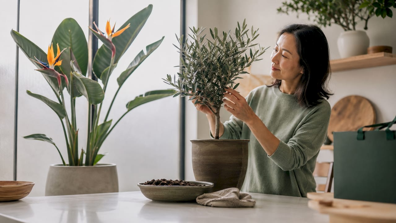 Woman tending large sculptural indoor plants