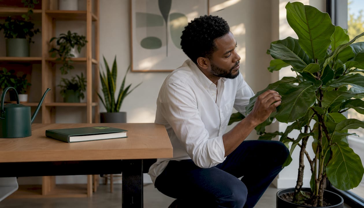Commercial plantscaping specialist inspecting plants