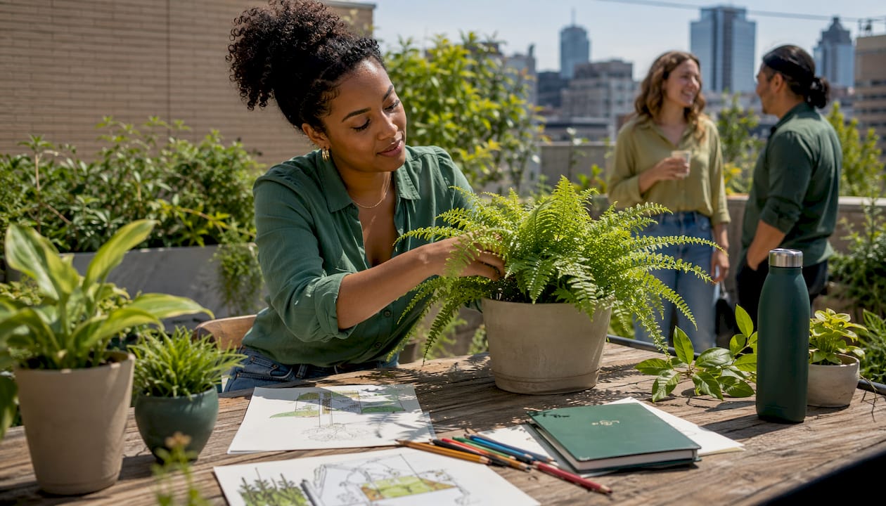 Designer arranging office plant on desk