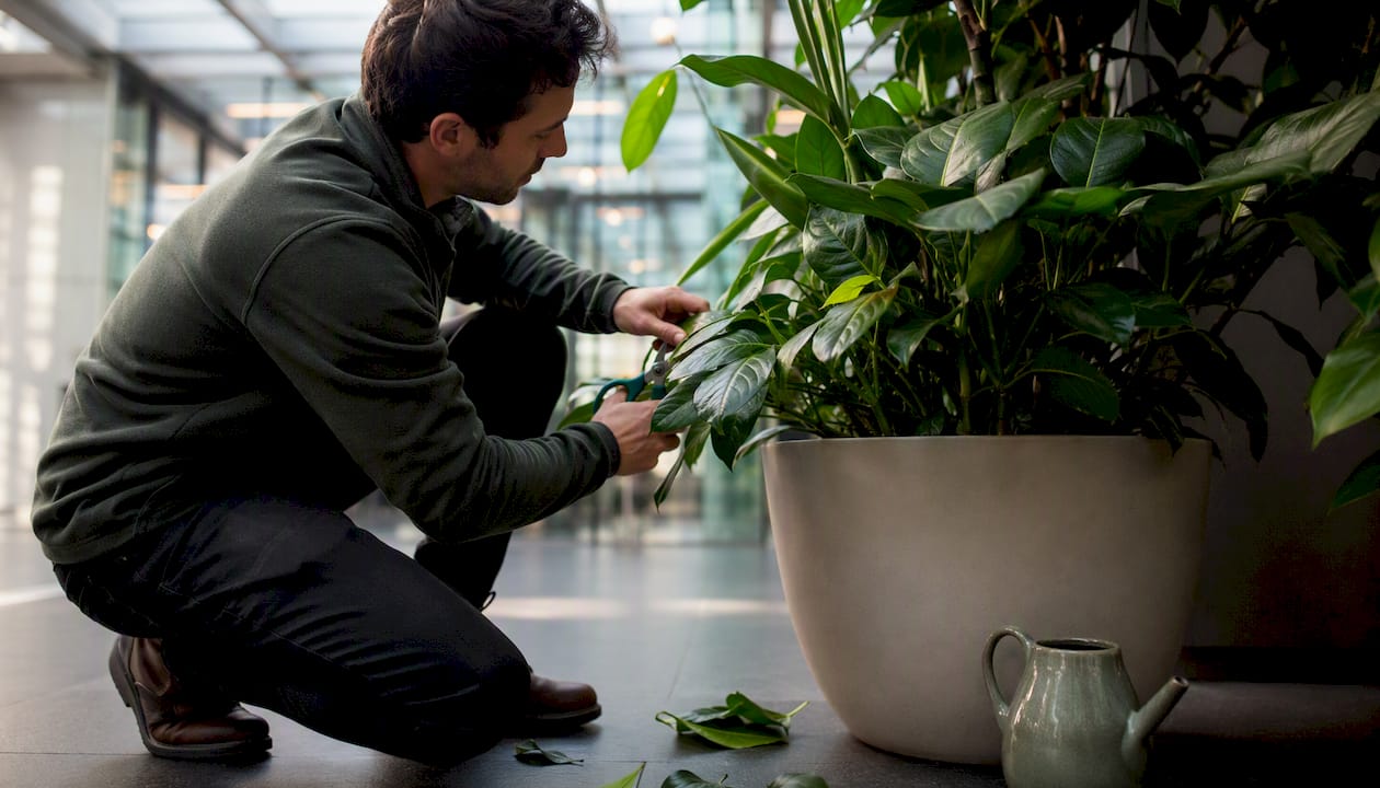 Horticulturist pruning indoor plants in corridor