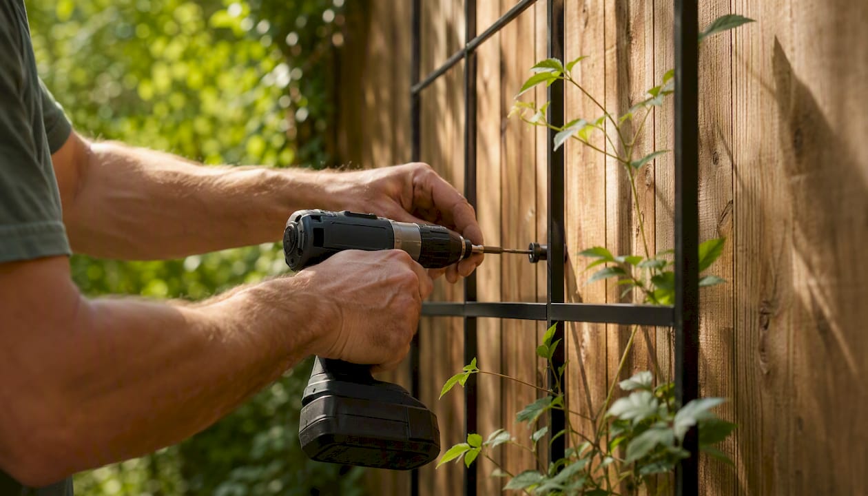 Hands installing climbing plant support trellis