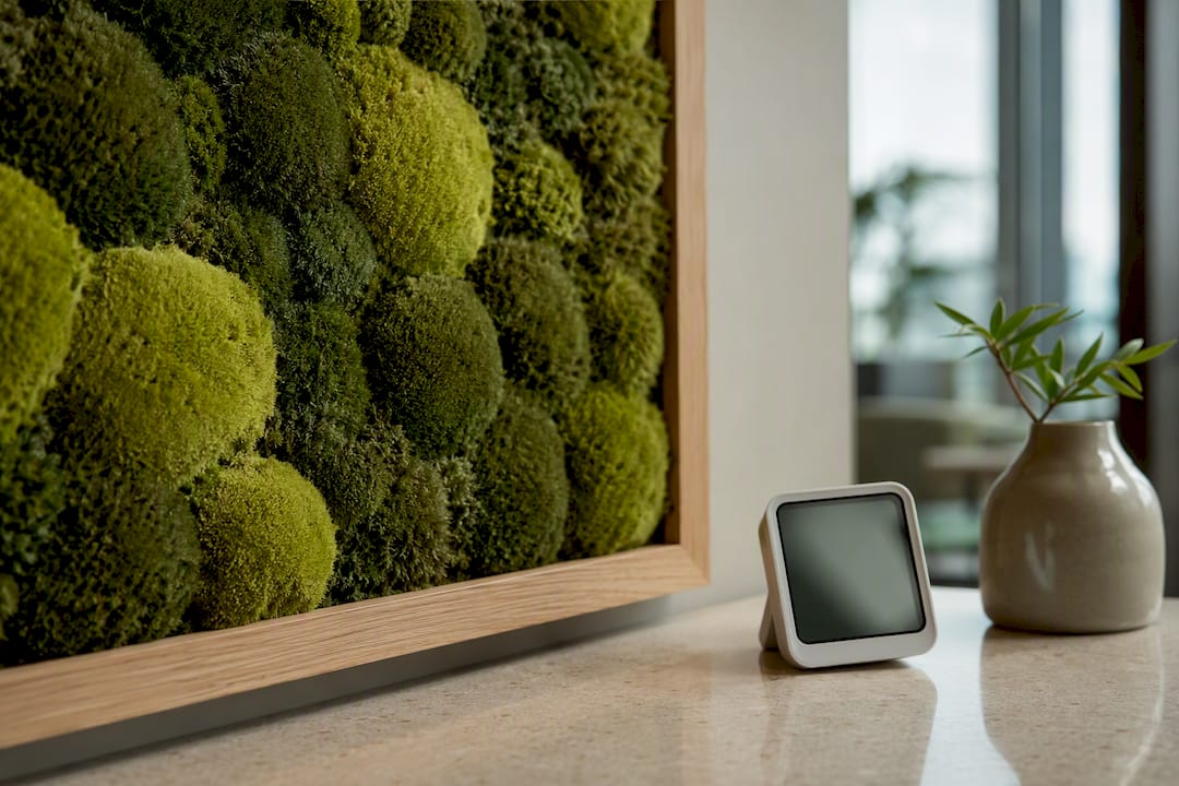 Preserved moss beside humidity gauge