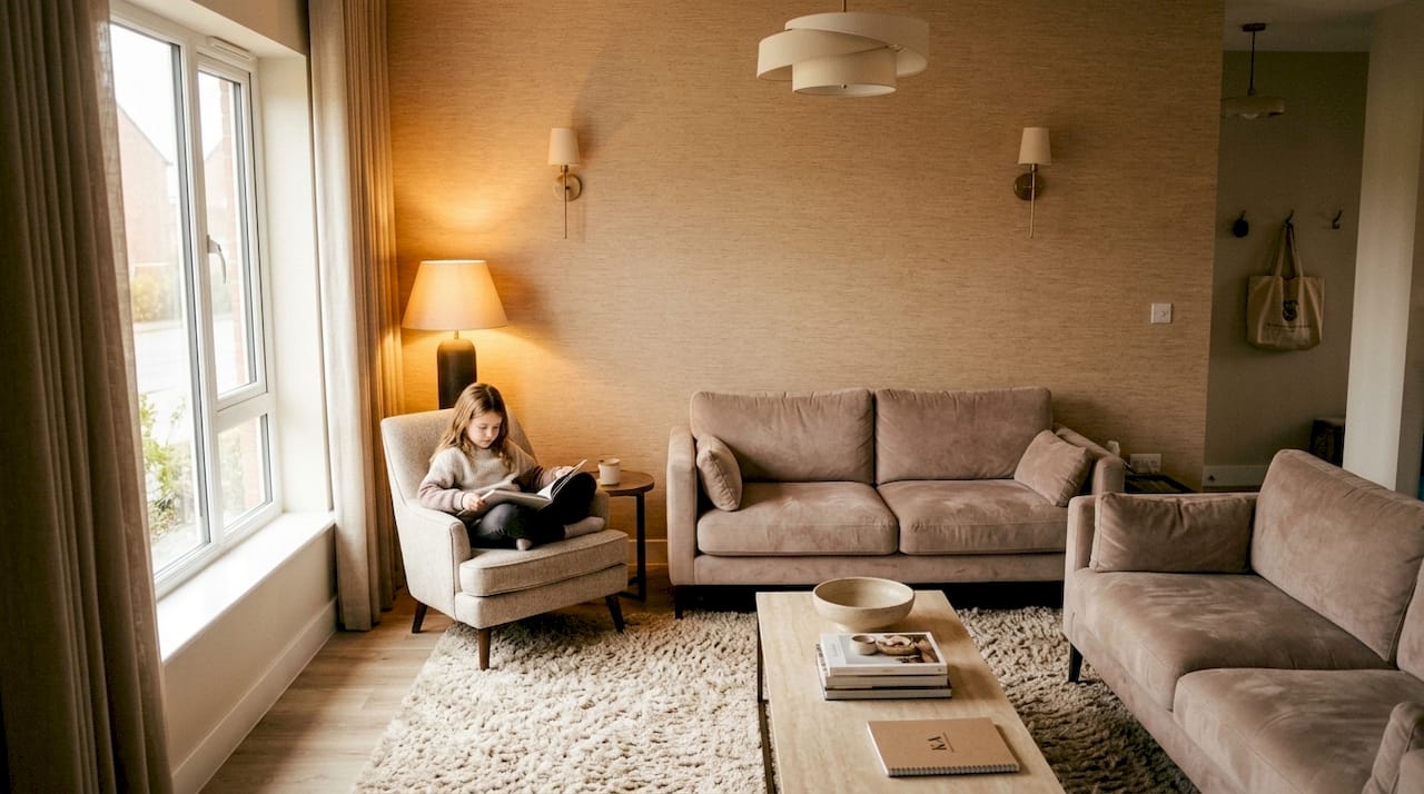 Un living cu lumini bine gândite și atmosferă relaxantă