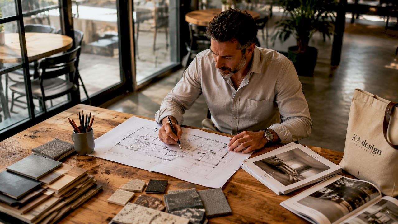 Un designer de interior analizează atent planurile proiectului în birou, verificând fiecare detaliu pentru a se asigura că totul se potrivește perfect cu viziunea sa.