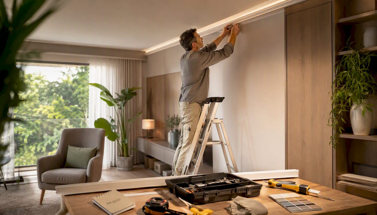 Mâini care montează baghete decorative cu LED, în timpul unei renovări