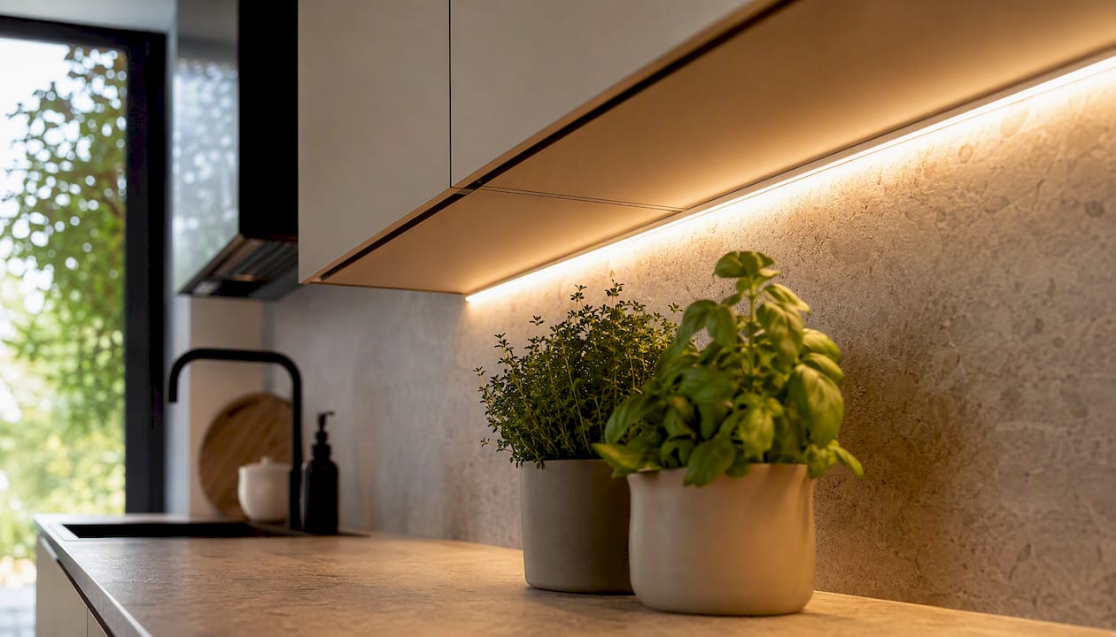 Banda LED montată sub dulapurile de bucătărie care luminează blatul de lucru