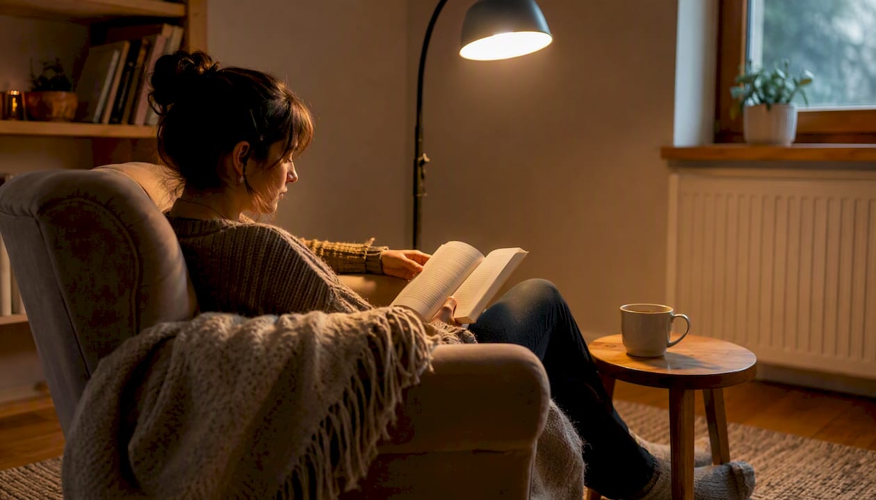 Un colț de lectură primitor, luminat discret de o lampă care te ajută să te concentrezi asupra paginilor.