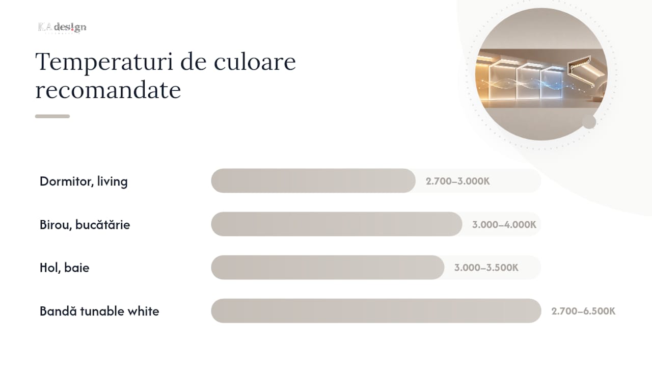 Tabel care arată ce atmosferă creează diferitele nuanțe de lumină LED în funcție de temperatura culorii