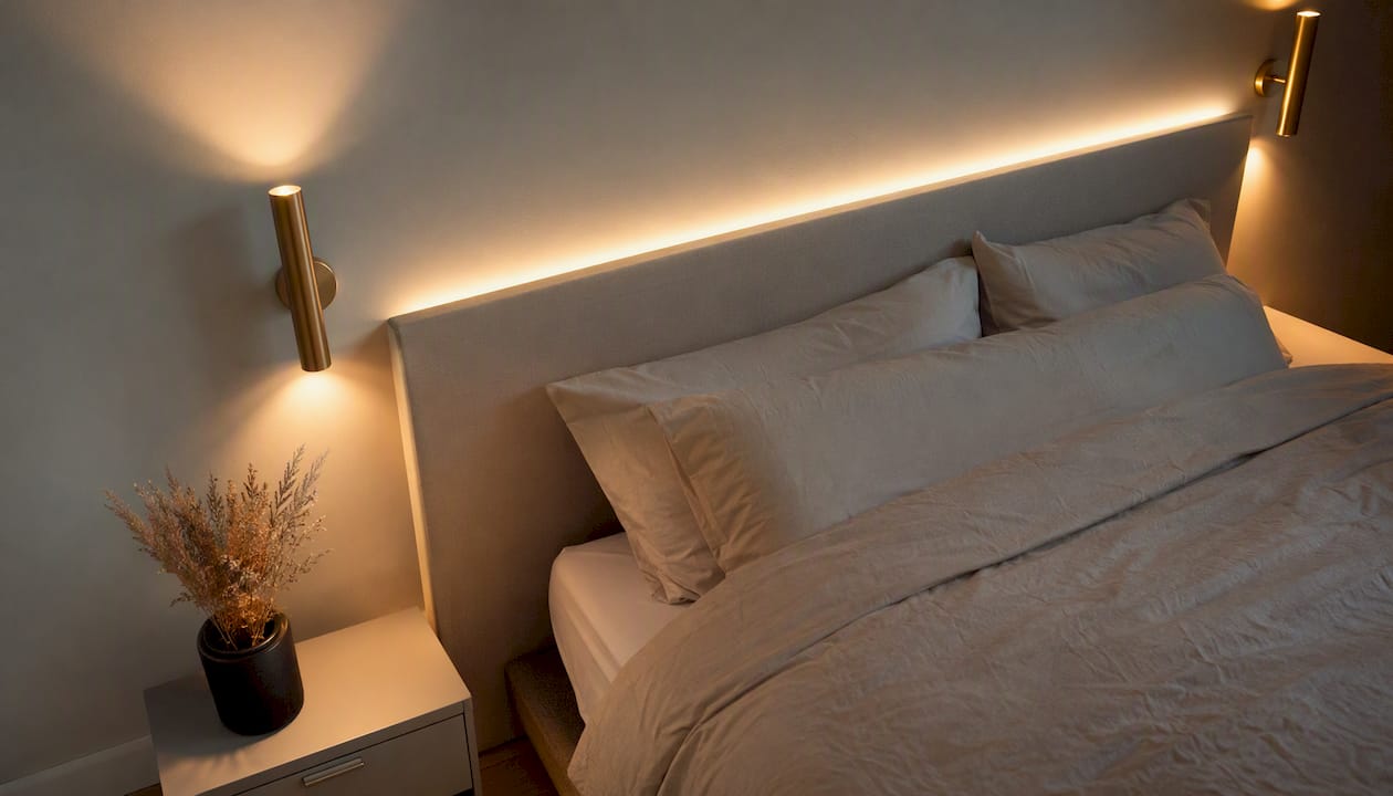 Tablă de pat cu iluminare LED integrată și aplice discrete orientate în sus, pentru o atmosferă modernă și relaxantă.