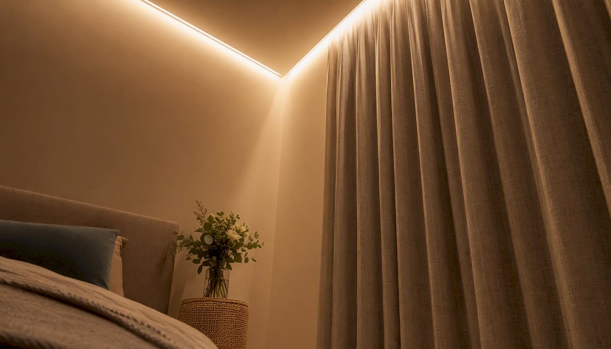 Lumina ambientală caldă, difuză, creează o atmosferă relaxantă în dormitor.