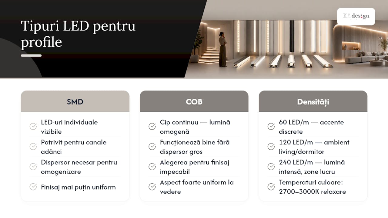 Diagramă comparativă a tipurilor și densității LED-urilor