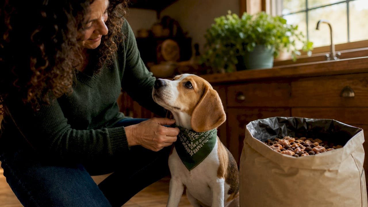 Woman tying bandana on beagle puppy near food bag