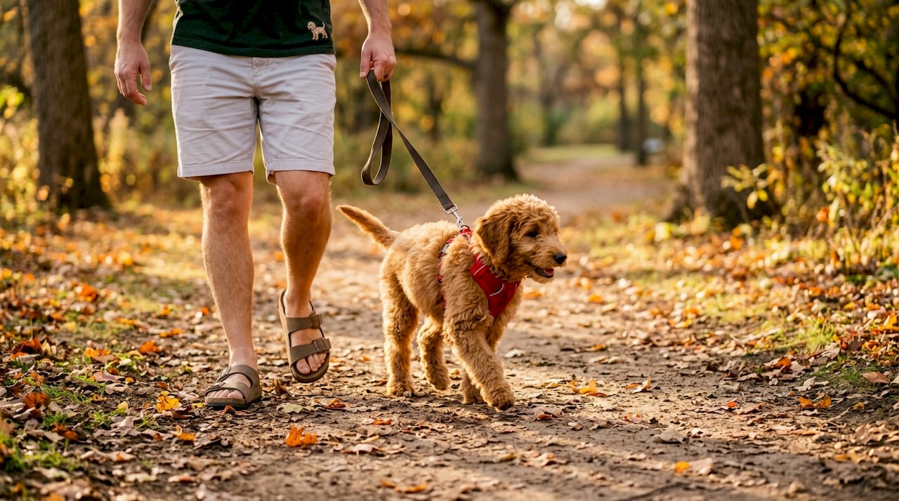 Overhead view of puppy walk with adult owner