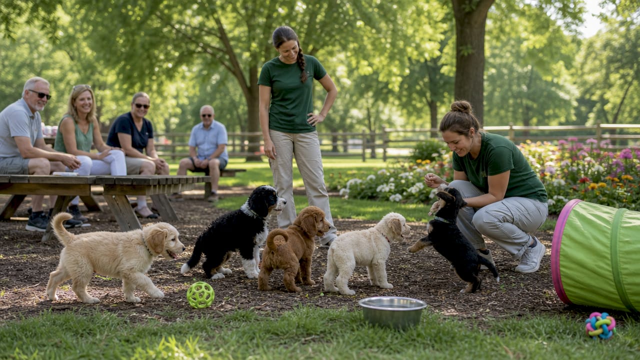 Overhead view of puppies playing gently in socialization class