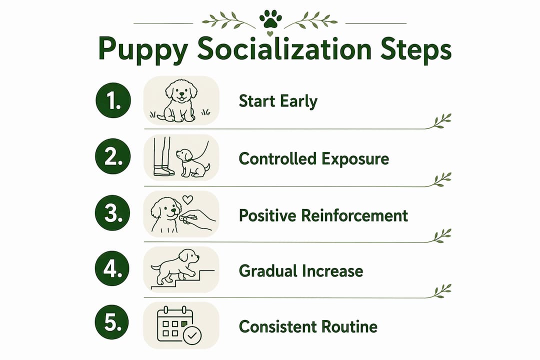 Infographic illustrating five key steps of puppy socialization