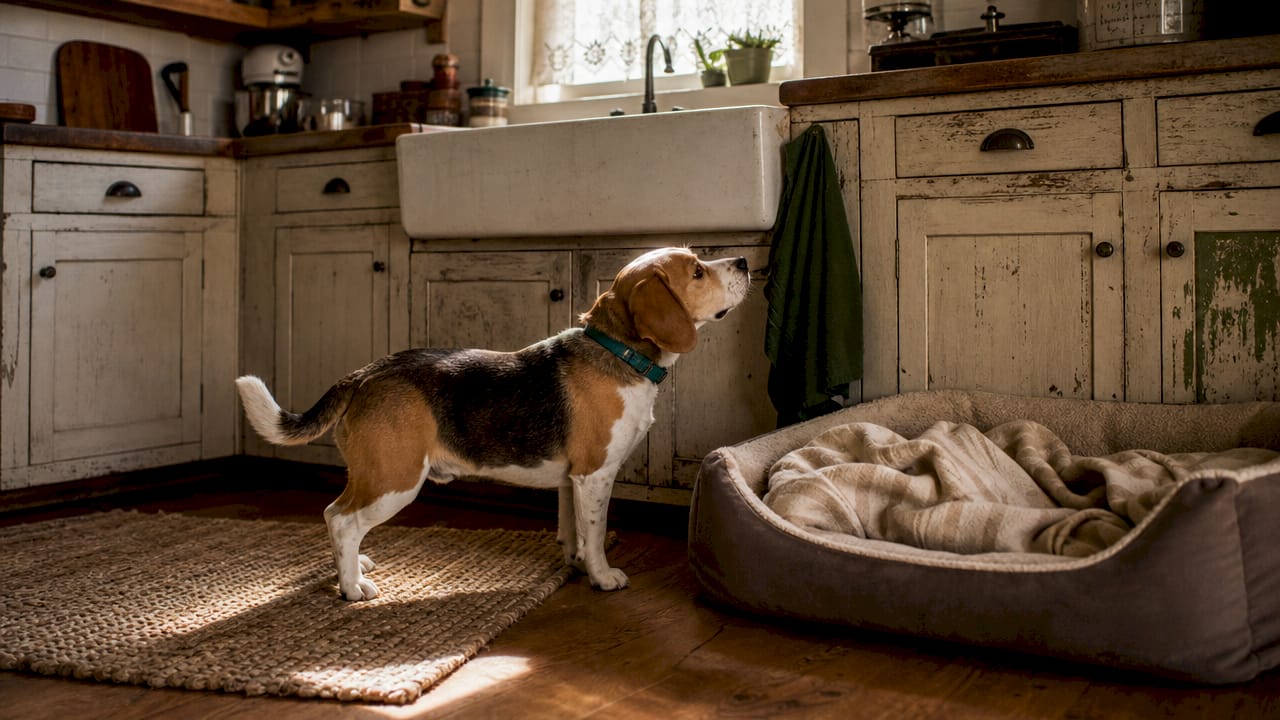 Beagle exploring apartment living room