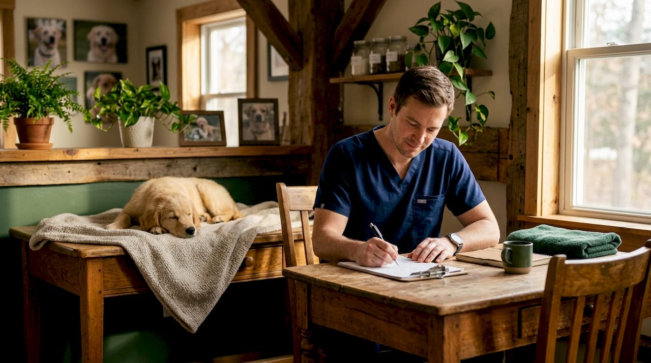 Veterinarian documenting puppy health treatment