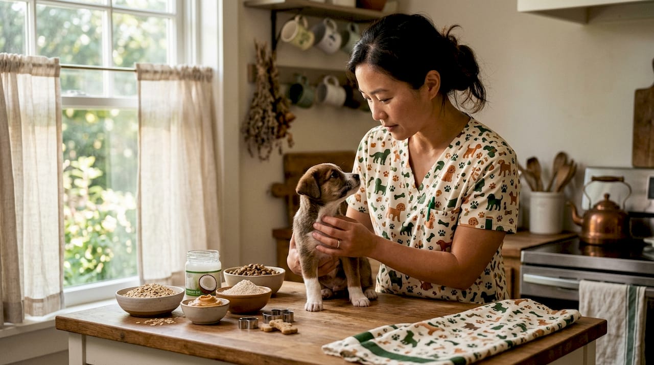Veterinary technician examining puppy gut health