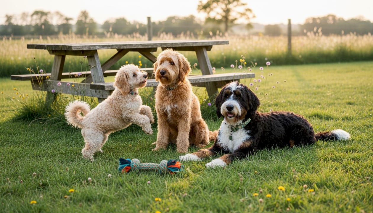 Three doodle dogs of different sizes outdoors