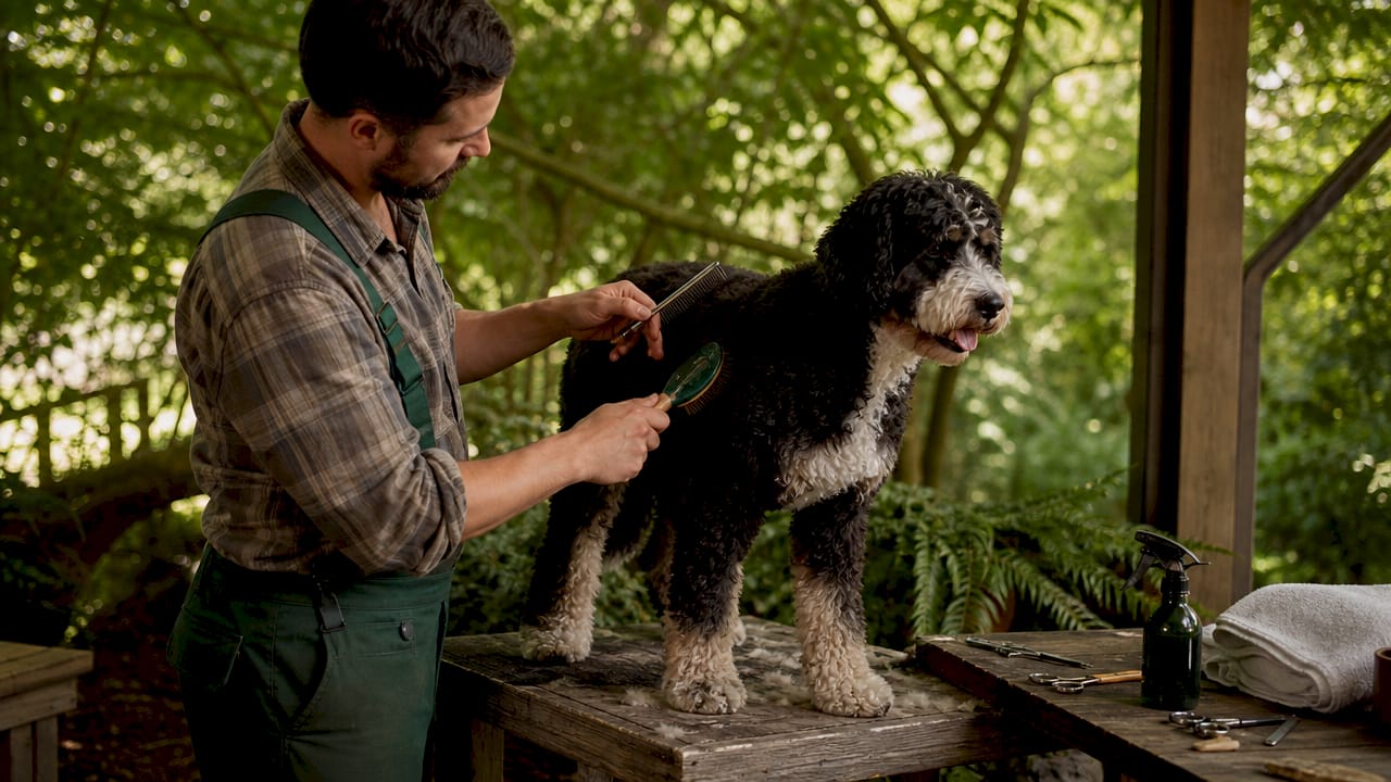 Professional grooming close-up of Bernedoodle coat