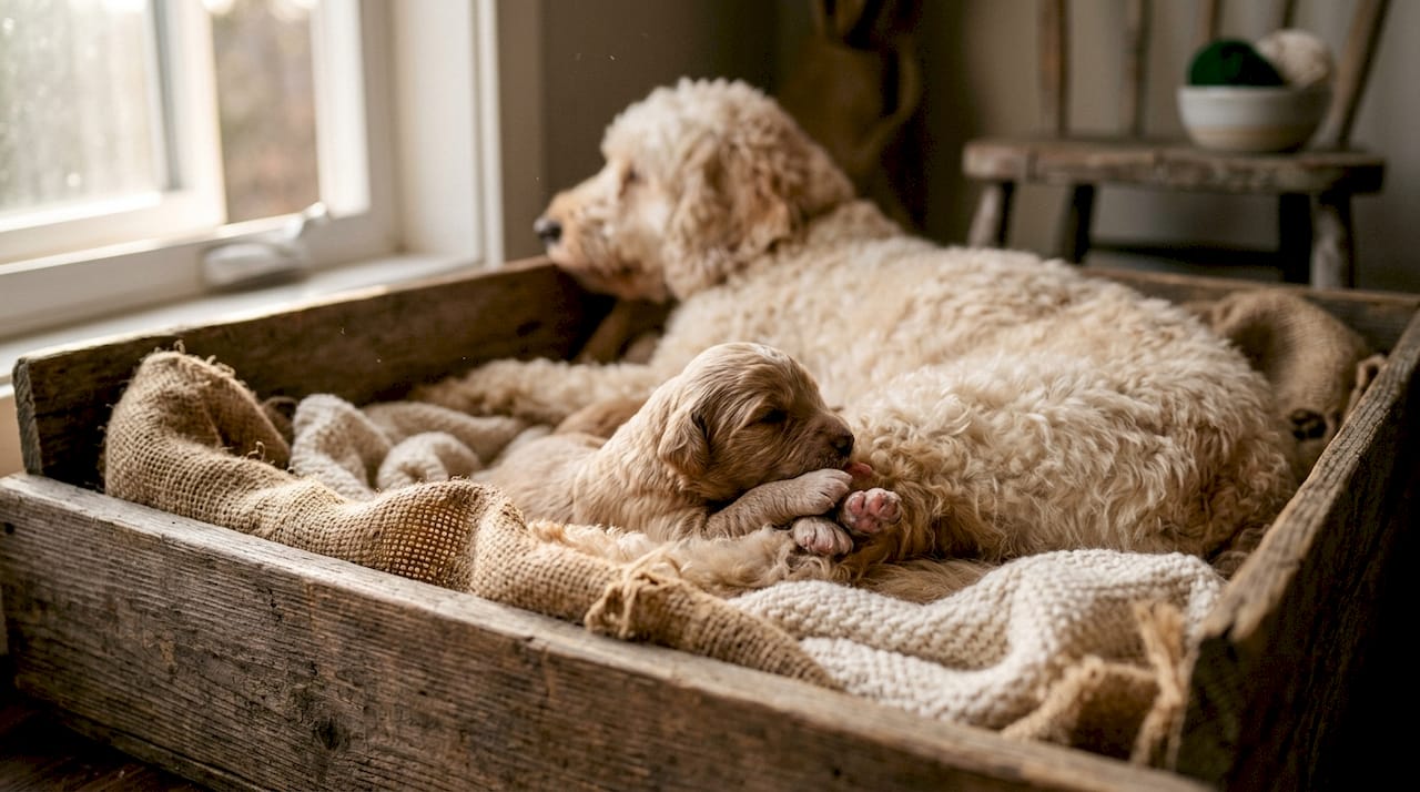 Newborn puppy nursing from dam indoors