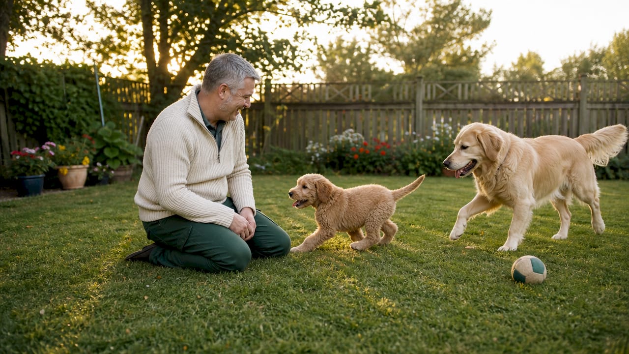 Man observing puppy body language during dog playdate