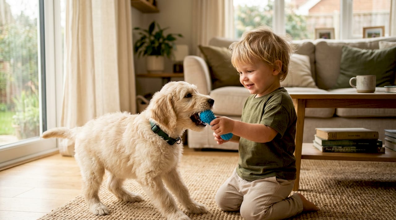 Child offering chew toy to Doodle puppy