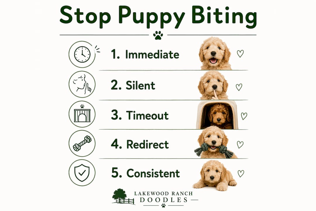 Infographic showing 5 steps to stop puppy biting