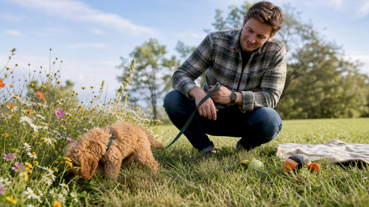 Owner guiding puppy on short backyard walk