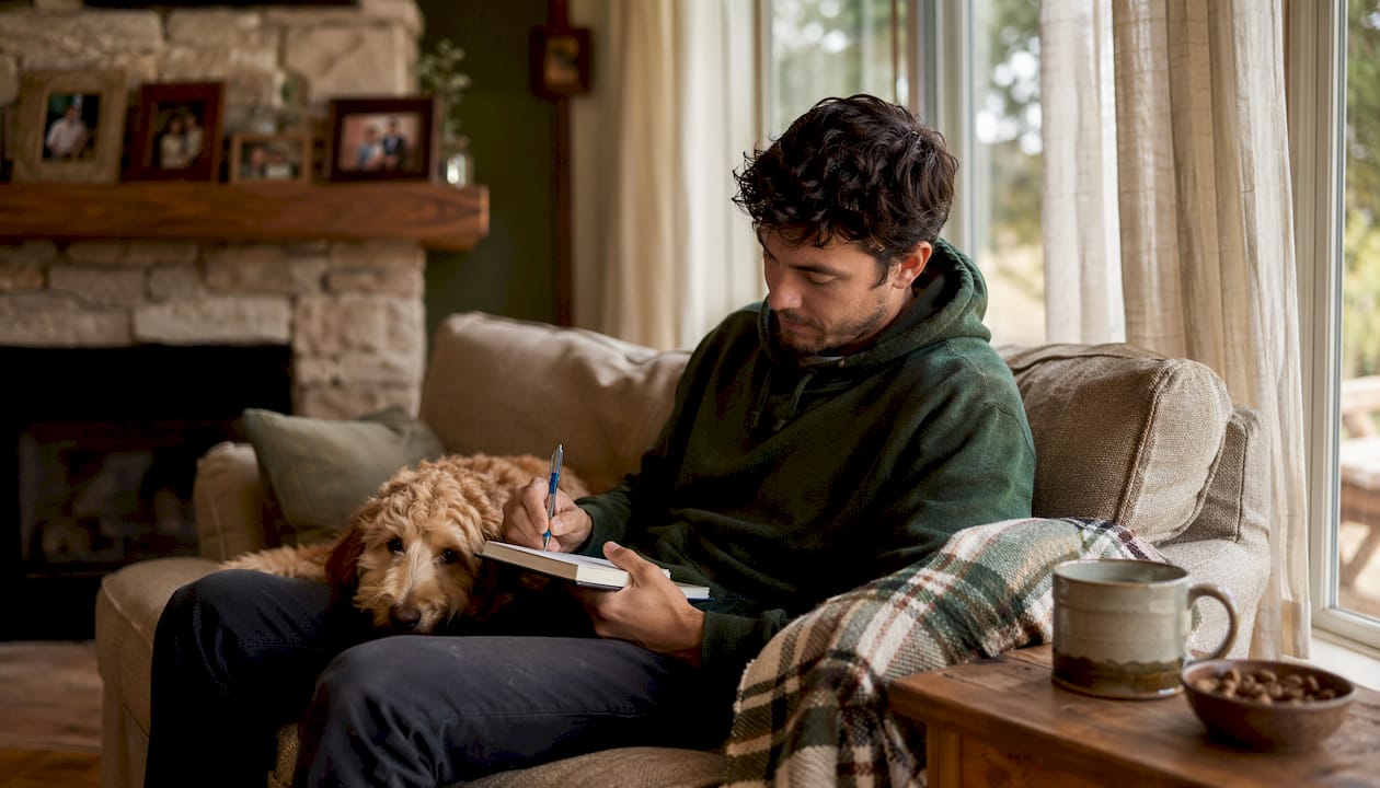 Young man recording puppy's daily habits