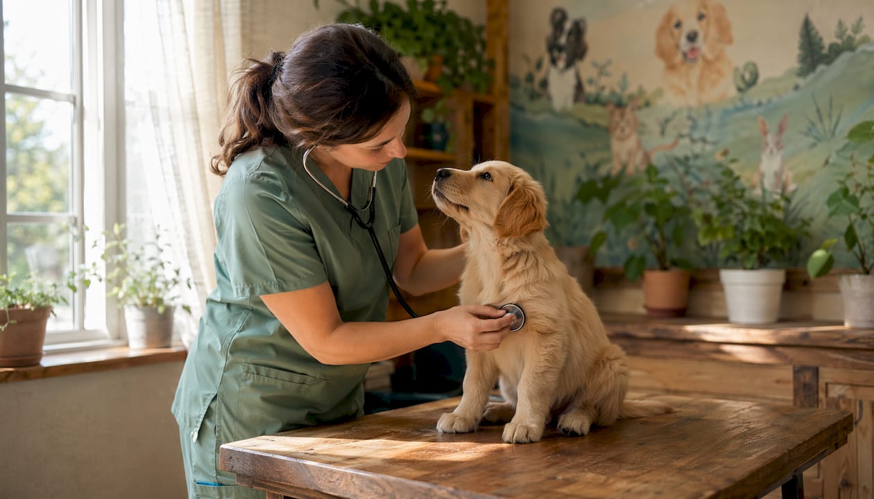 Veterinarian examining small puppy in clinic