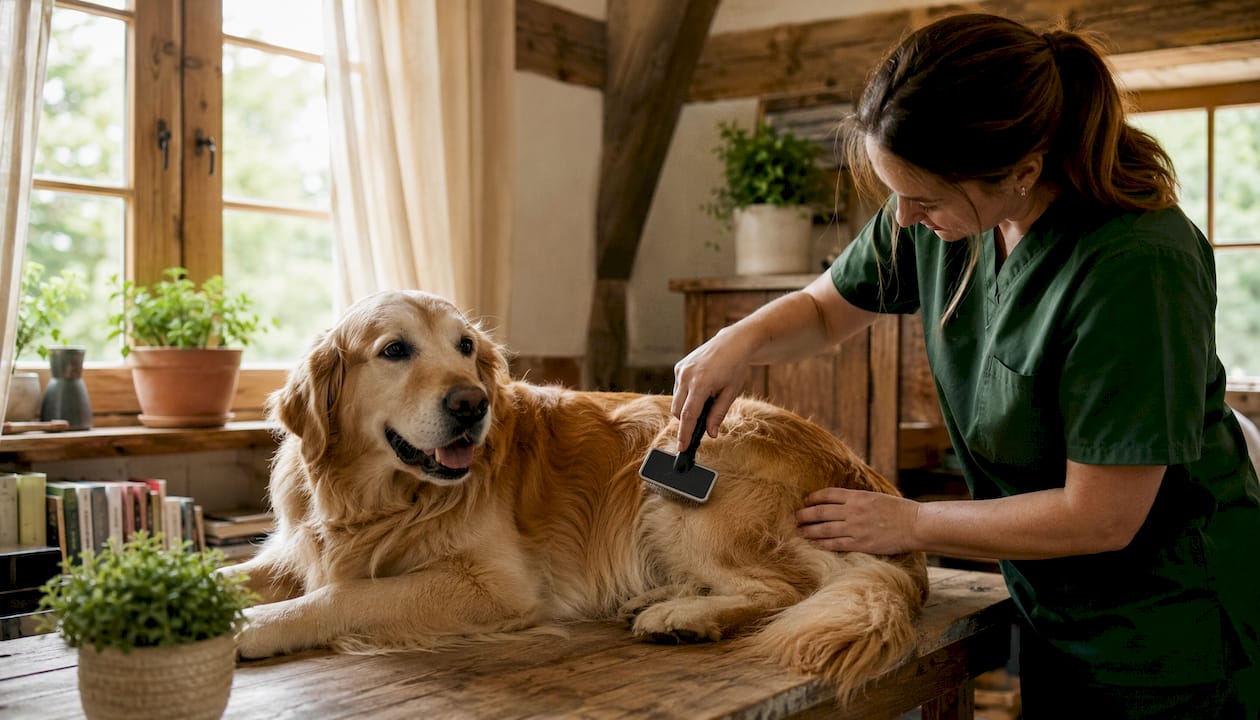 Vet brushing dog shedding fur in clinic