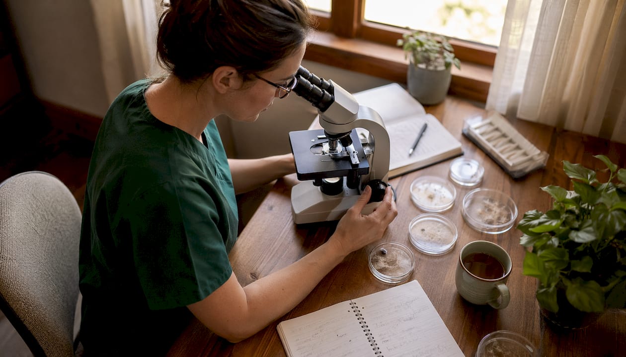 Scientist examining dog allergen samples in lab