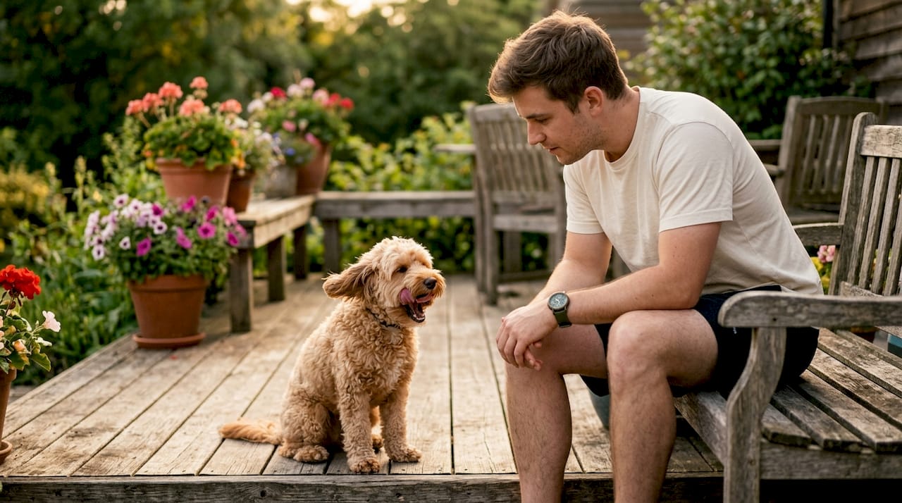 Owner observing dog's subtle stress signs