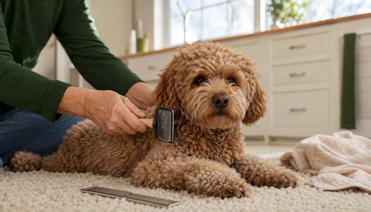Brushing curly-coated poodle indoors