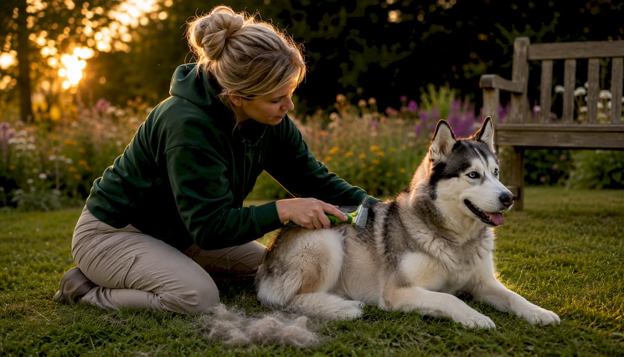 Owner deshedding husky dog outdoors