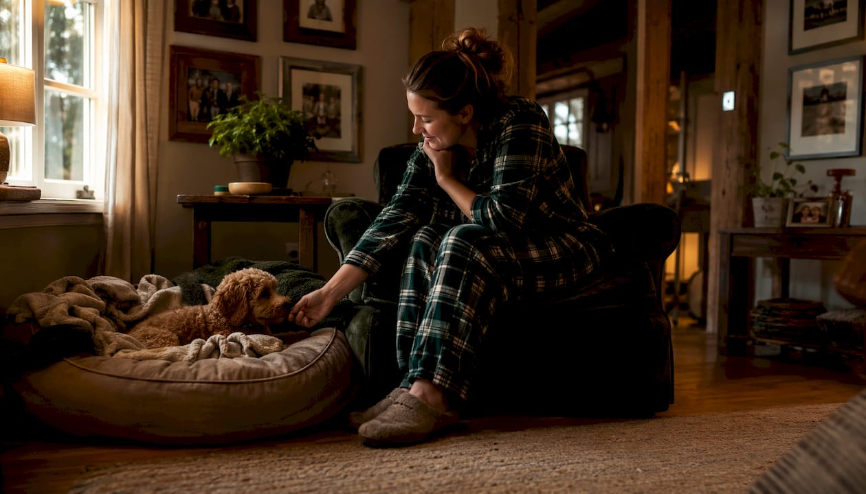Woman comforting doodle puppy in crate at night