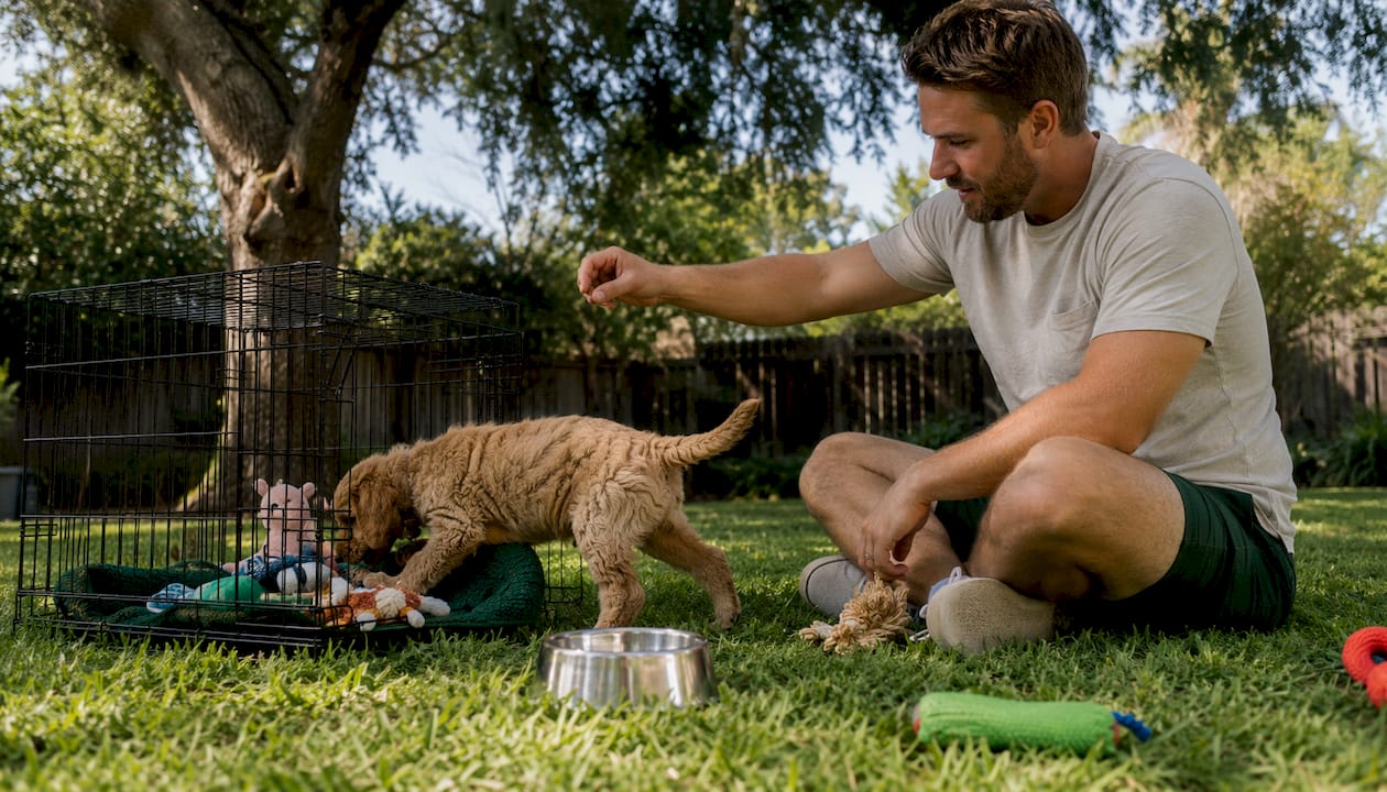 Man crate-training doodle puppy with treats indoors