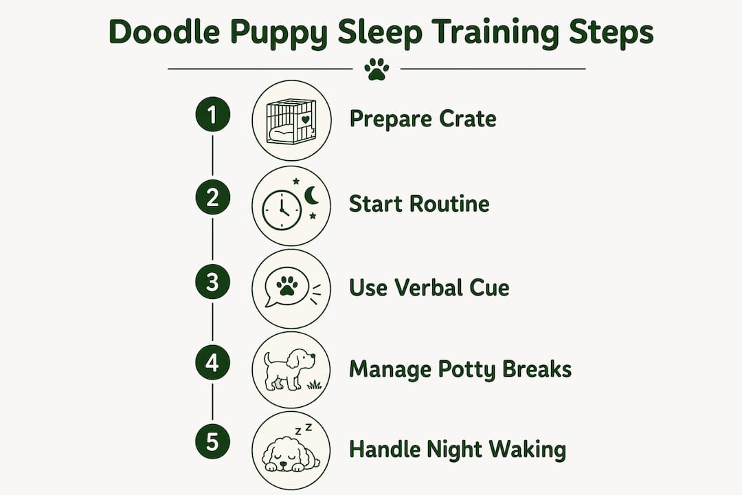 Infographic showing doodle puppy sleep training steps