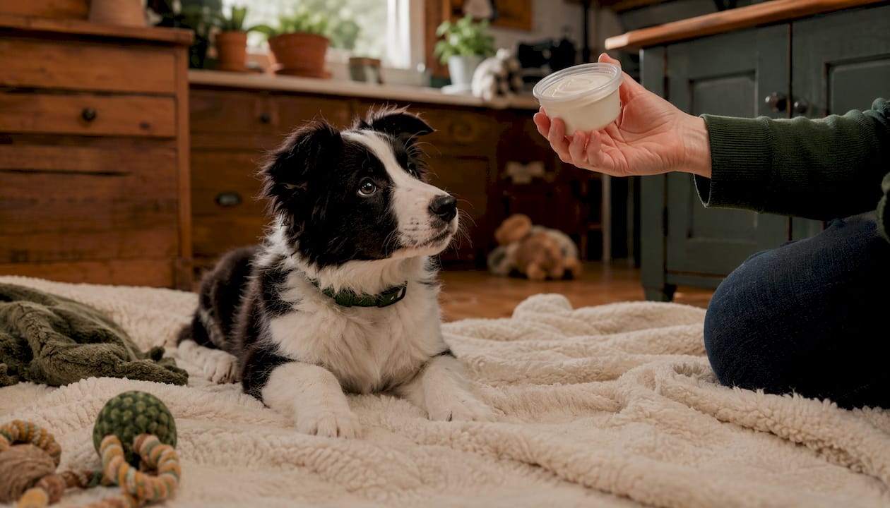 Border Collie puppy responding to yogurt treat