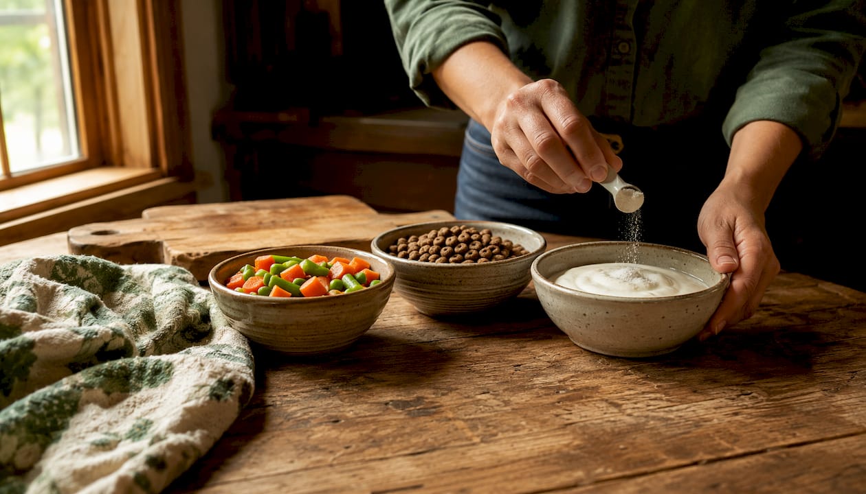 Hands preparing puppy food with probiotics in kitchen