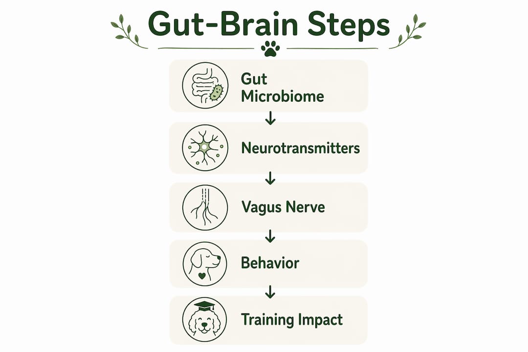 Infographic illustrating gut-brain connection steps in puppies