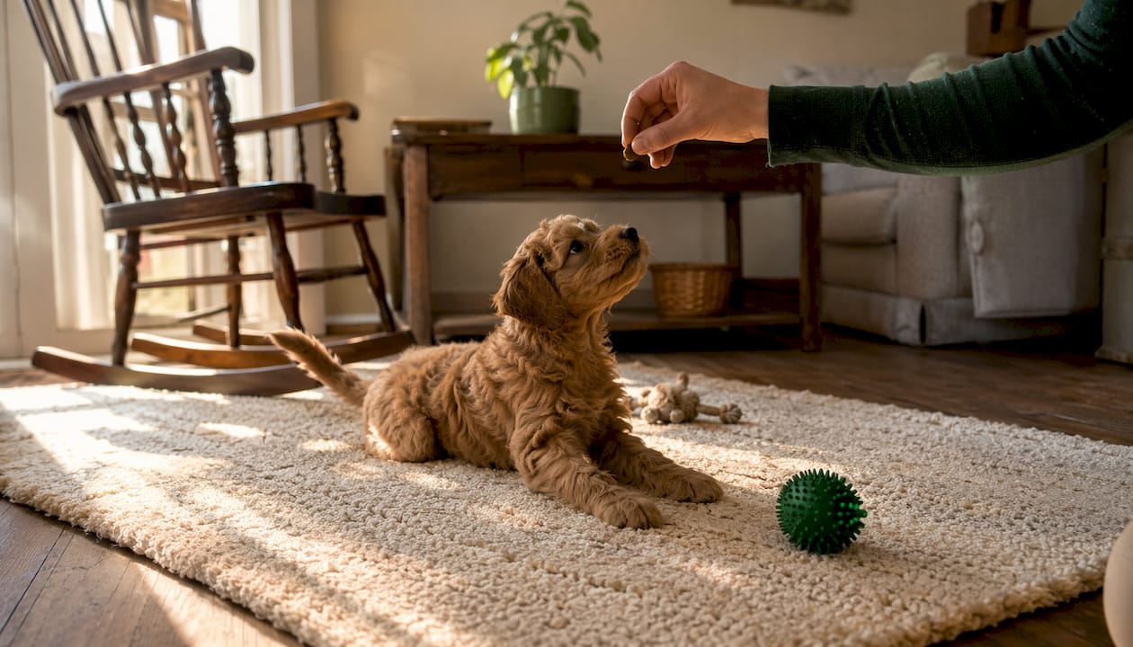 Curious puppy reacting to treat in living room