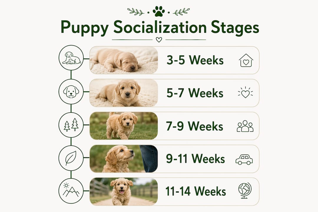 Infographic illustrating puppy socialization stages timeline