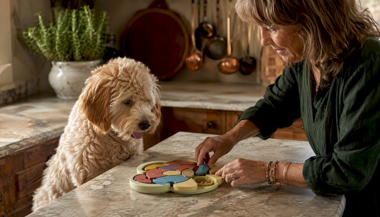 Close side view of hands introducing food puzzle to doodle puppy