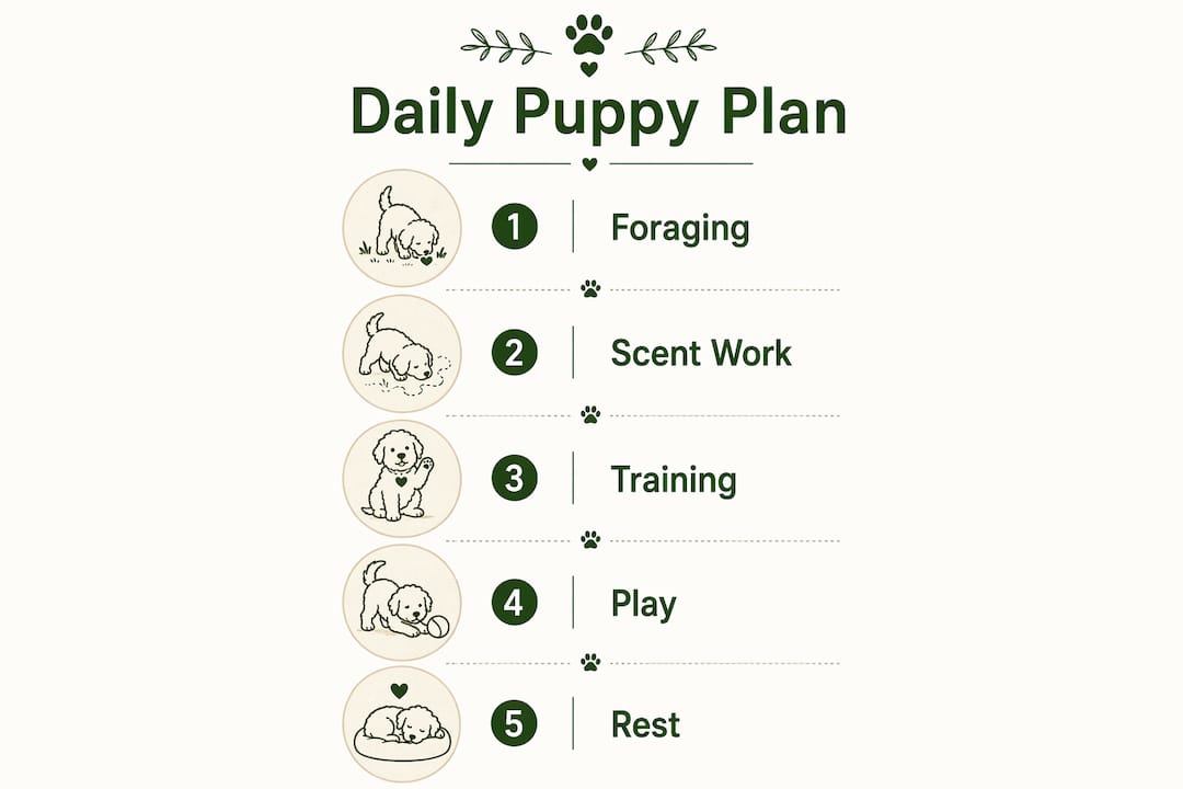 Infographic showing daily mental stimulation plan steps for doodle puppy