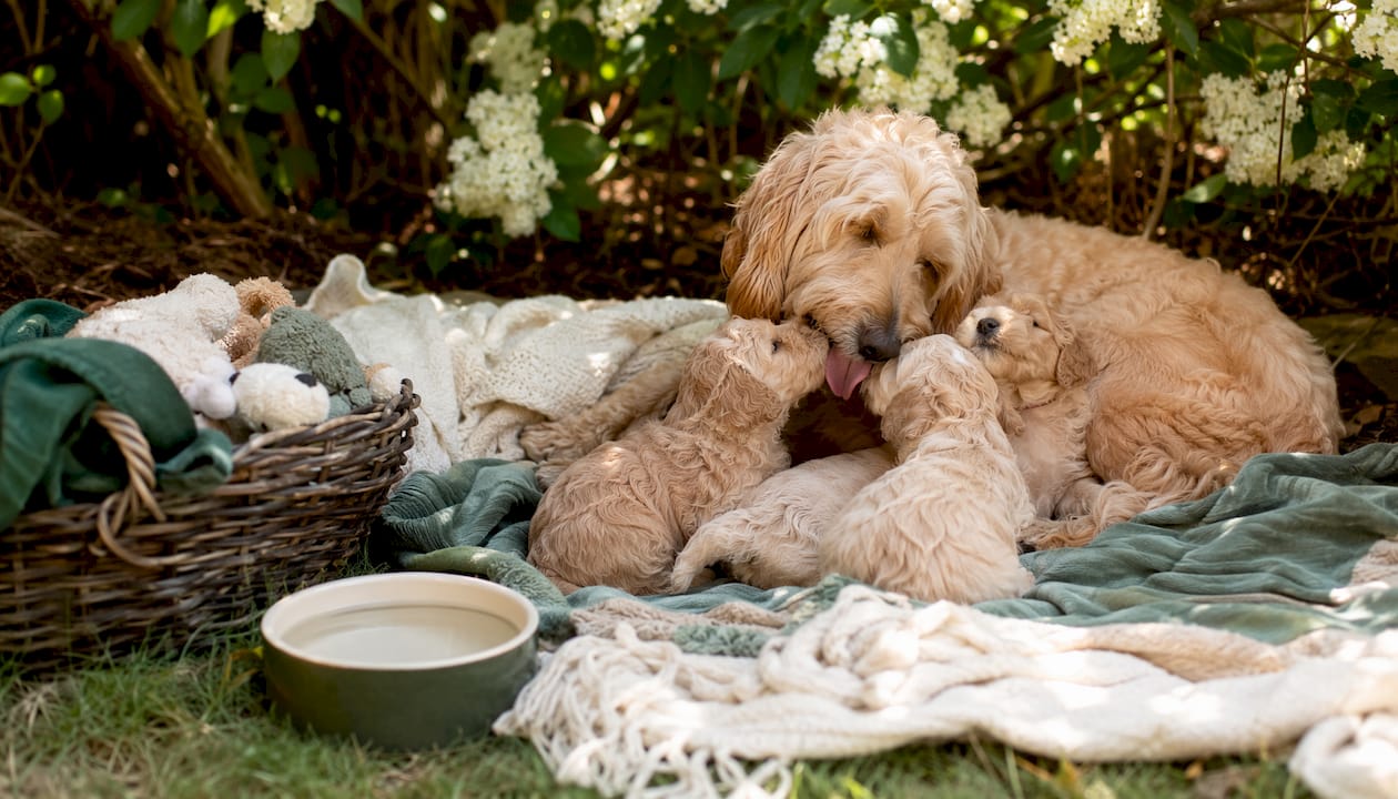 Overhead of mother dog licking puppies outdoors