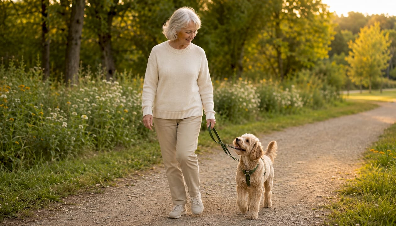 Senior woman walking a small dog on leash outdoors