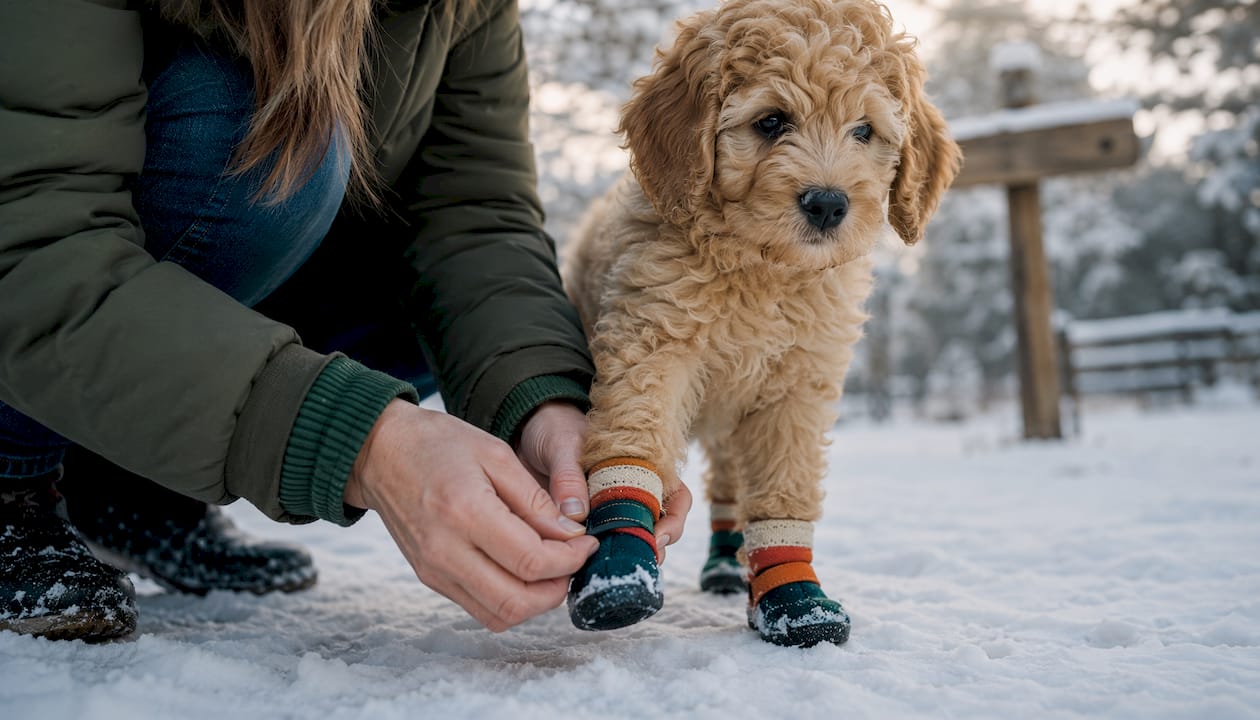 Hands fastening puppy bootie in snowy park